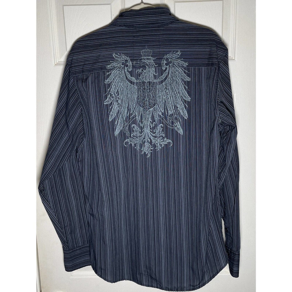 Level Ten Button Up Shirt Mens L Large Blue Stripe Long Sleeve Eagle Graphic